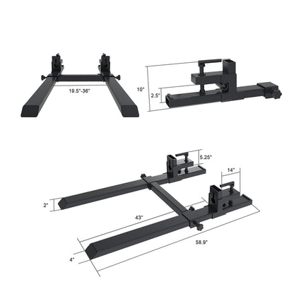 60" Pallet Forks 4000 LBS Capacity, Heavy Duty Clamp-On Attachment with Adjustable Stabilizer Bar